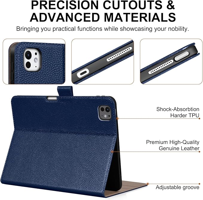 Genuine Leather Case for iPad Pro 11 inch Case (M5) 2025 / (M4) 2024 | with Pencil Holder and Adjustable Stand, Magnetic Closure, Auto Wake/Sleep Cover | Blue