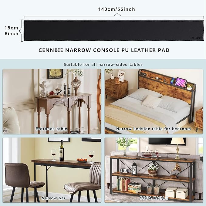 CENNBIE Console Table Leather Cover - 55 x 5.9 Inches Sofa Table Narrow Long Mat - TV/Media/Gaming/Center Console Table Protector Pad for Narrow Side Table, Sideboard, Entryway Table (Black)