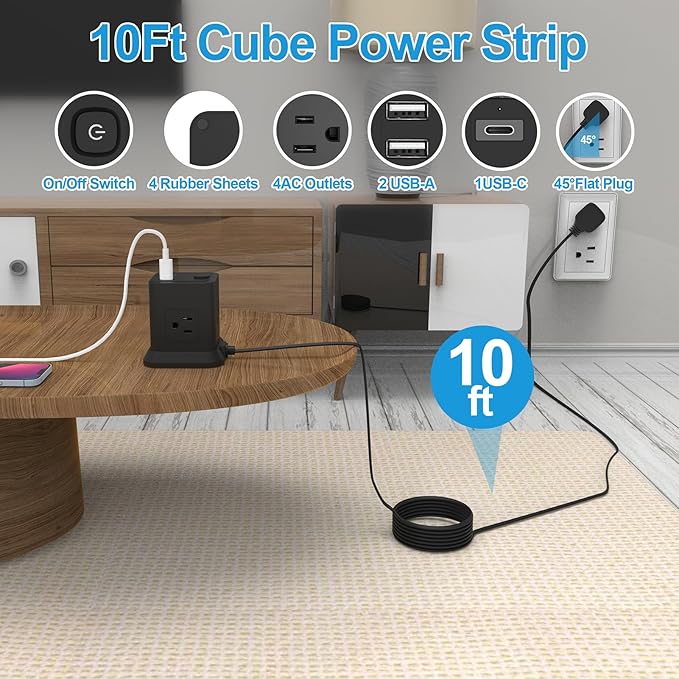 Power Strip with USB C Ports, FDTEK Power Cube with USB C, PD 20W Fast Charge Power Cube with 4 Outlets and 3 USB, 10FT Flat Plug Power Strip for Home, Office, Dorm Room Essentials