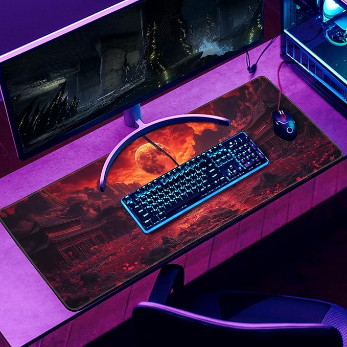 Mouse Pad Gaming Red Moon Desk Pad Mat Extra Large Mousepad (31.5x11.8 in), Home Office Decor Stitched Edges Smooth Surface Non-Slip Bottom