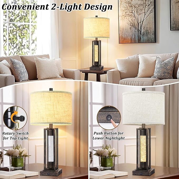 TOBUSA 26’’ Vintage Table Lamps for Living Room Set of 2, Rustic Lamps for Bedroom with 2 USB Ports and Crystal Night Light, Farmhouse Bedside Lamps with Linen Shade for Night Stands End Table, Bronze