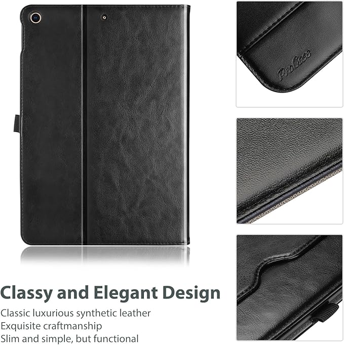 ProCase for iPad 9th/ 8th/ 7th Generation Case 10.2 Inch 2021/2020/2019, iPad 10.2 PU Leather Case Business Stand Cover Smart Folio with Hand Strap Front Pocket Pen Loop -Black