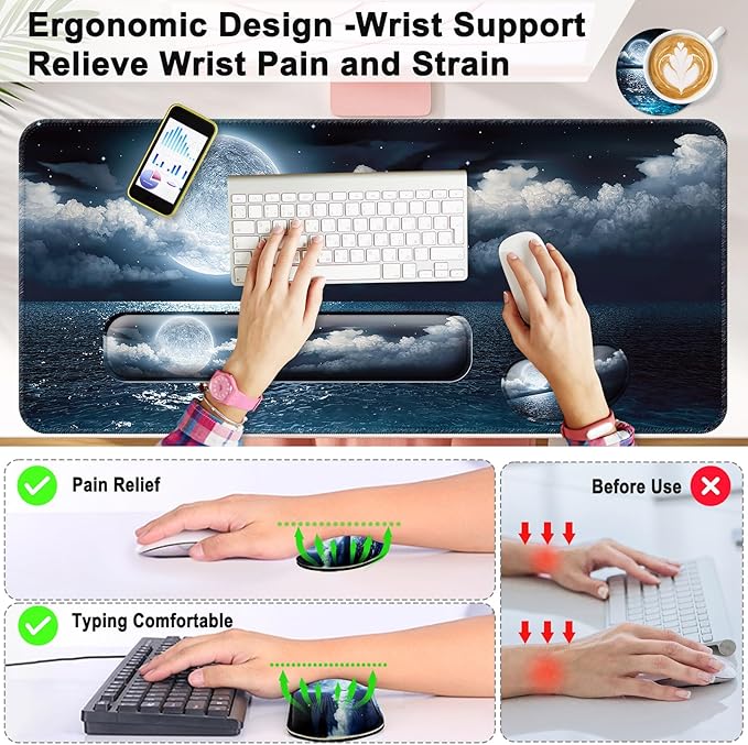 Keyboard Wrist Rest + Mouse Pad with Wrist Support + Desk Mat + Coaster 4 in 1 Set, XXL Large Gaming Mousepad Cute Ergonomic Mouse Pads for Desk Computer Laptop Office Decor-Moon Ocean