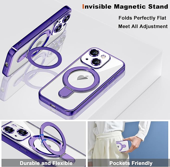 Compatible with iPhone 15 Plus Case with Invisible Magnetic Ring Stand [Compatible with Mag-Safe] [Full Camera Lens Protector] Plating Clear Phone Case for iPhone 15 Plus 6.7", Purple