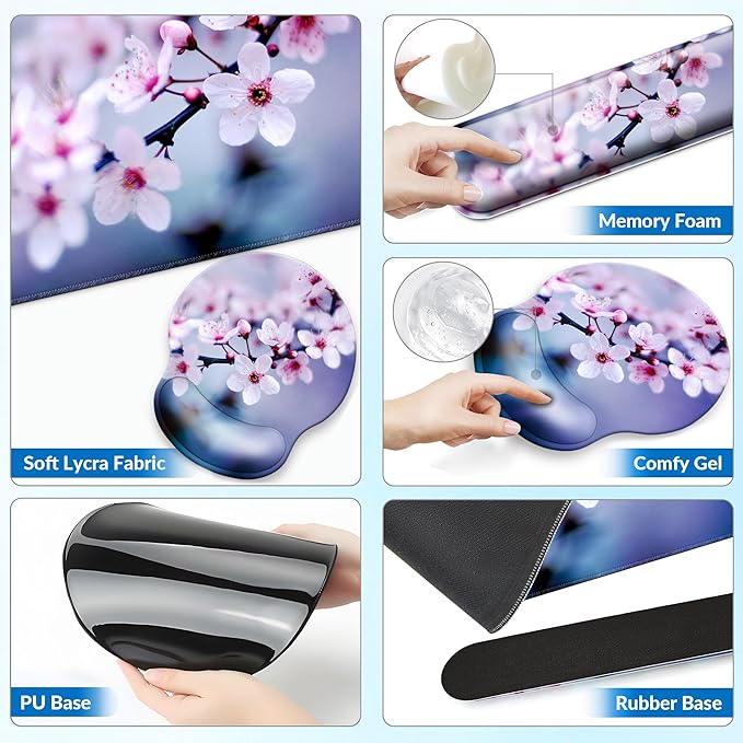 Desk Mat Set + Keyboard and Mouse Pad with Wrist Rest Support,4-in-1 Large Mousepad Computer Mats for Desktop Home & Office-Cherry Bloosom