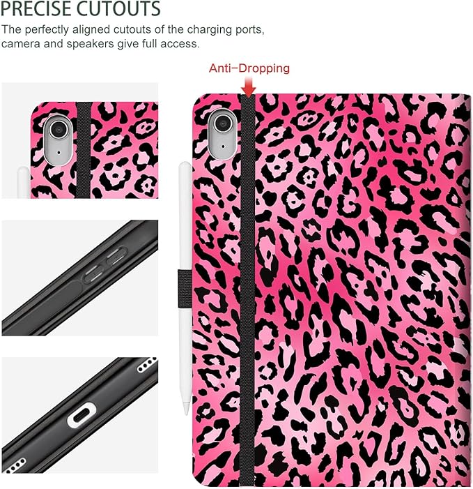 for iPad (A16) 11Th/10Th Generation Case 2025/2022, for iPad Case 11Th/10Th Generation, Fit iPad 10Th/11Th Gen Cover Pencil Holder/Hand Strap/Pocket/Adjustable Stand, Leopard