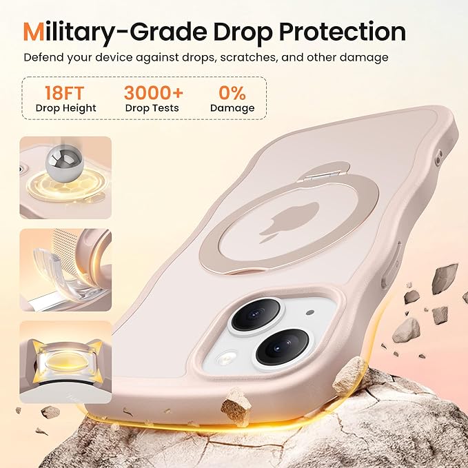 CAPRARO for iPhone 13 Case & iPhone 14 Case with 360° Spin Magnetic Stand for Women, [Compatible with MagSafe] [Camera Protection] Cute Wave Translucent Matte Case for iPhone 13/14, Rose Gold
