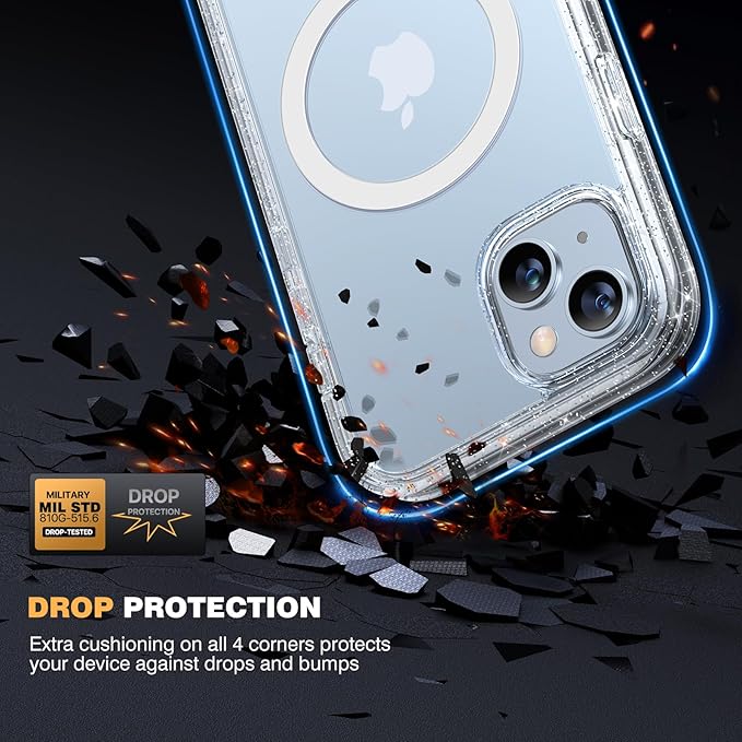 Diaclara Designed for iPhone 15 Plus Case 6.7'', [Compatible with MagSafe] Full Body Rugged Magnetic Case w/Built-in Sensitive Anti-Scratch Screen Protector+Glass Camera Lens Protector,Clear Glitter