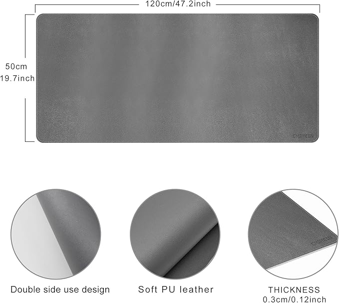 Chihein 47" x 20" PU Leather Desk Mat (Gray/White), Dual Sided Desk Pad, Waterproof Computer Desk Bottle for Gaming, Office, Home