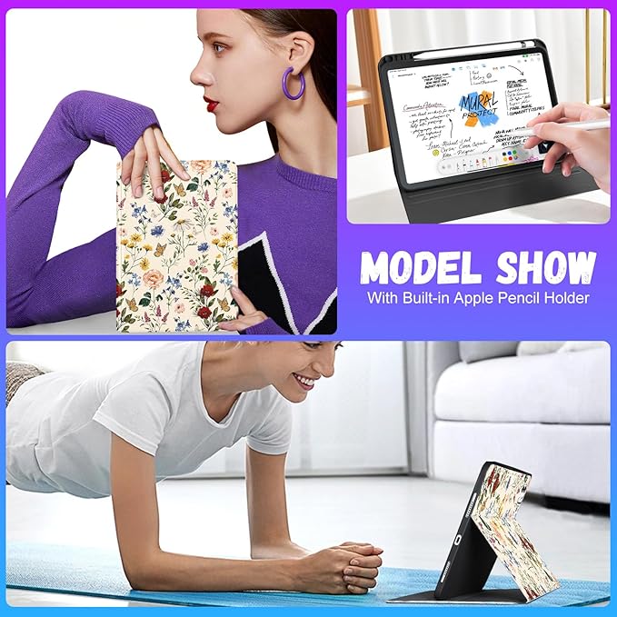 Uppuppy for iPad Pro 11 Inch Case 2024 - Women Cute Girls Folio Smart Cover with Pencil Holder Girly Flower Floral Pretty Aesthetic for iPad Pro 11 M4 Cases A2836 A2837 A3006