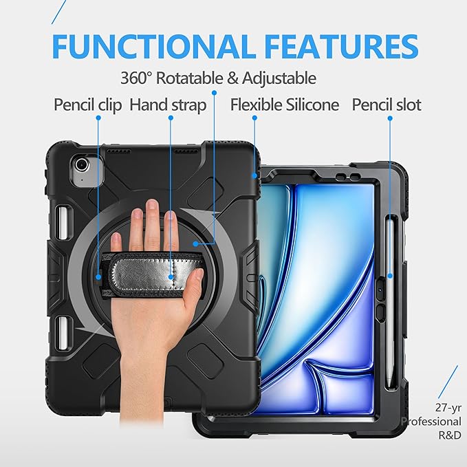 Case for iPad Air 11 M4 2026/ M3 2025/ M2 2024: Silicone Cover for iPad Air 5th & 4th Generation 10.9 Inch (2020/2022) with Screen Protector- Stand- Handle- Shoulder Strap- Pencil Holder