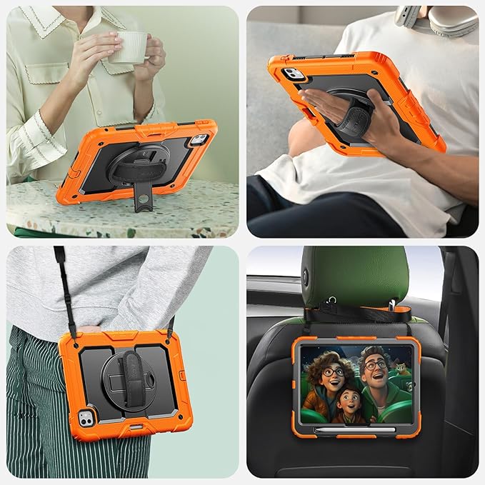 SEYMAC for iPad Pro 11 Inch Case M5 2025 / M4 2024, Heavy Duty Shockproof Protective Case with Screen Protector, 360° Rotating Stand, Hand/Shoulder Strap and Pen Holder, Orange
