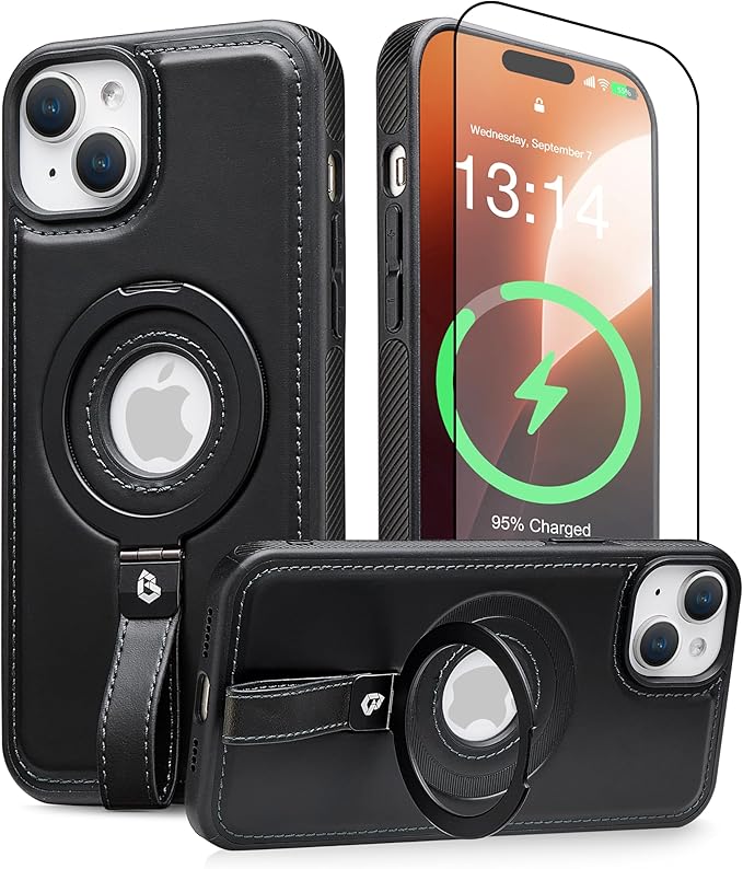 Butaiga for iPhone 15 Plus/iPhone 14 Plus Leather Case with Stand, Anti-Slip Grip Ring, Fits for MagSafe (Black, iPhone 15/14 Plus)