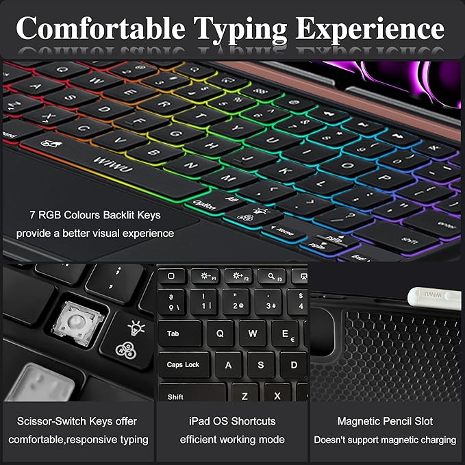WIWU iPad Pro 13 inch Case with Keyboard M4/M5 2024/2025 Magnetic Detachable 3 in 1 Case Bluetooth Keyboard Adjustable Stand 7 Colors Backlit Keys with Trackpad (Black, iPad Pro 13"(M4/M5 2024/2025))