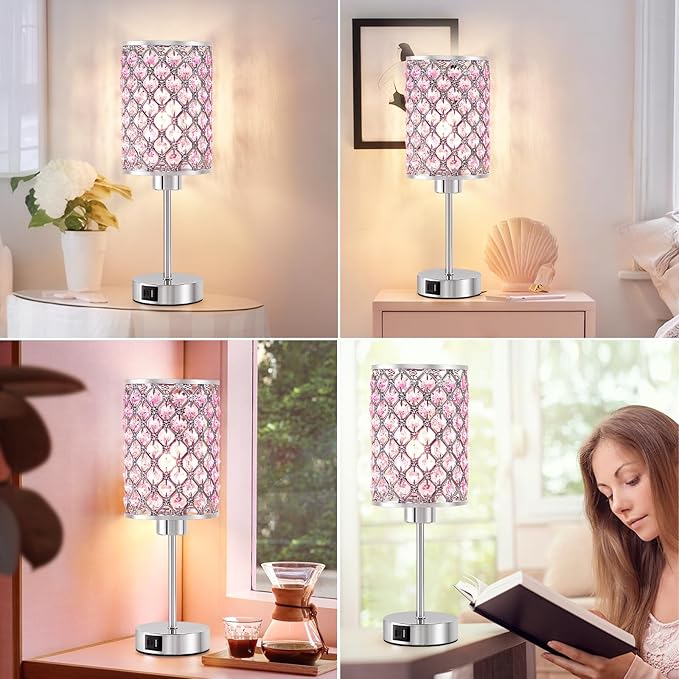 GyroVu Crystal Table Lamp, Pink Touch Lamp with USB C+A Ports, Dimmable Lamp with Crystal Shade, Bedside Lamp Small Lamp for Girl Bedroom, Living Room(Buld Included)