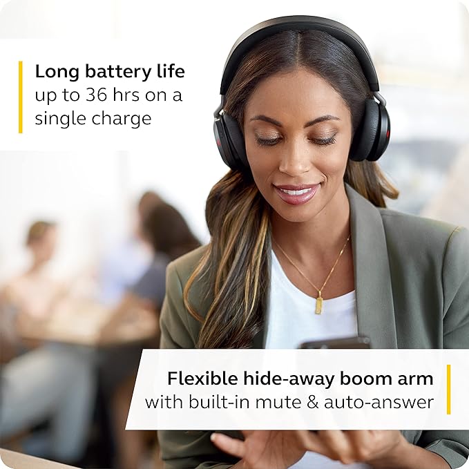 Jabra Evolve2 75 PC Wireless Headset with Charging Stand and 8-Mic Technology - Dual Foam Stereo Headphones with Advanced Active Noise Cancelling, USB-A Bluetooth Adapter and MS Compatibility - Black