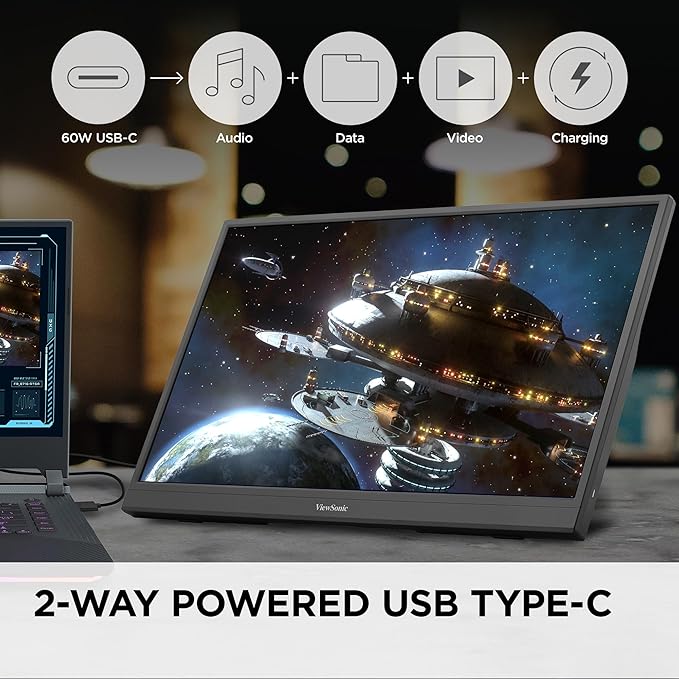 ViewSonic VX1754 17 Inch 1080p Portable Gaming Monitor, IPS Display with 144Hz for Second Screen Productivity and High-Speed Gameplay, Built-in Stand, 60W USB-C, and Mini HDMI Inputs
