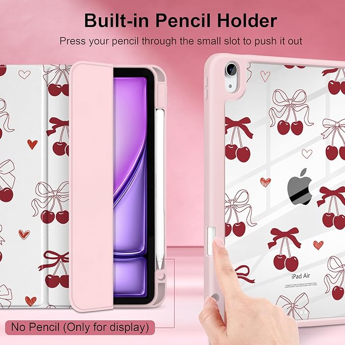Case for iPad Air 11 inch M4 2026 M3 2025 2024 Release with Pencil Holder - Aesthetic Cute Preppy Design Trifold Cover with Soft TPU Bumper Clear Back Auto Sleep/Wake for Girls Women, Cherry