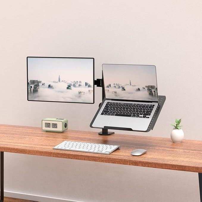 WALI Dual Arm Laptop and Monitor Desk Mount for 17" Notebook and Up to 27" Screen, Fully Adjustable Monitor Arm with Laptop Tray, VESA 75x75 100x100, Holds up to 22 lbs, Black (M001LP)
