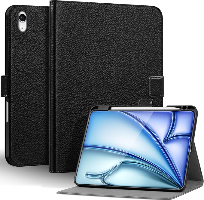 Genuine Leather Case for iPad Air 11" M4 2026/M3 2025/M2 2024, 5th/4th Gen 10.9" | with Pencil Holder and Adjustable Stand, Magnetic Closure, Auto Wake/Sleep Cover | Black