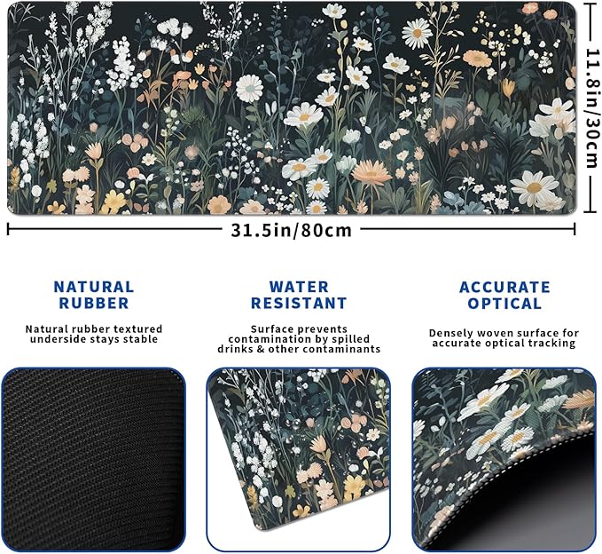 Flower Mouse Pad Abstract Black Mouse Pad 31.5x11.8 Inch Floral Texture Non-Slip Rubber Base Large Weeds Mousepad Stitched Edges Keyboard Mouse Mat Desk Pad for Office and Home