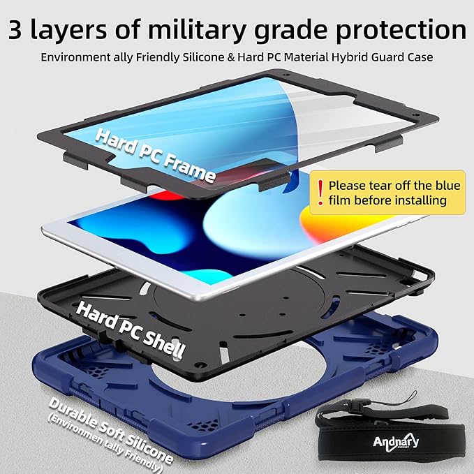 Andnary Case for iPad 9th/8th/7th Generation 10.2 inch, Shockproof Cover with Screen Protector/360° Rotate Stand/Pencil Holder/Shoulder Strap, Kids Case for iPad 2021/2020/2019 (Navy+Black)