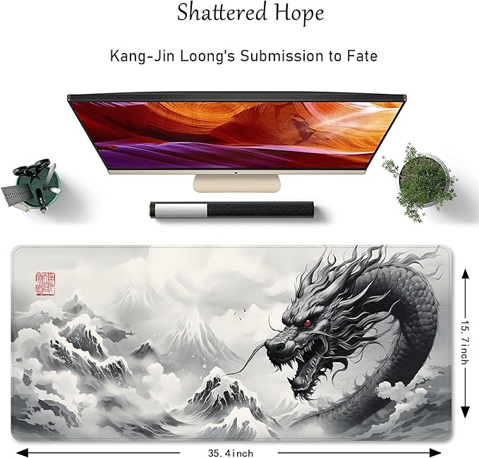 ProbTis Black and White Dragon Mouse Pad, Large Japanese Desk Mat, XXL Anime Gaming Keyboard Mat, Oriental Decor, Big Extended Desk Protector for Home Office, 35.4"x15.7" (Dragon BW)