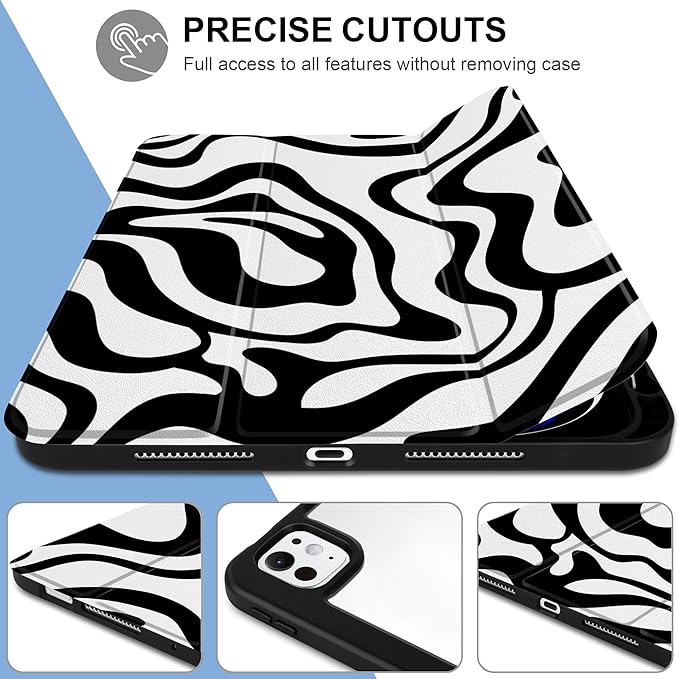 Case for iPad Pro 13 inch (M5) 2025 (M4) 2024 Release with Pencil Holder - Aesthetic Cute Preppy Design Trifold Cover with Soft TPU Bumper Clear Back Auto Sleep/Wake for Girls Women, Waves