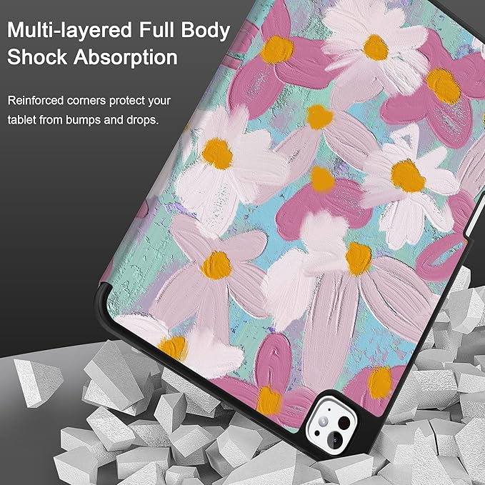 MEEgoodo Case for M5 iPad Pro 11 inch 2025/M4 iPad Pro 11 inch Case 2024, Tablet Cover with Trifold Stand & Pencil Holder & Auto Wake/Sleep & Soft TPU Back Cover, Art Plants Floral