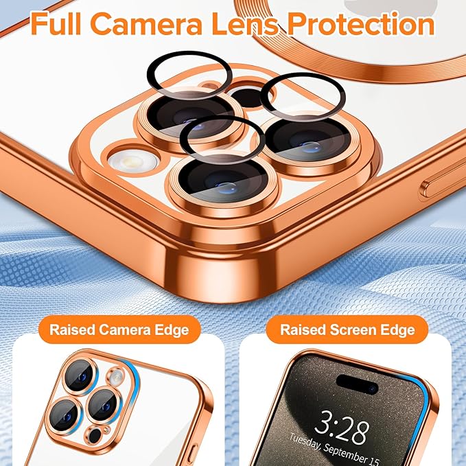 Hython Magnetic Clear for iPhone 15 Pro Max Case with Camera Lens Protector [Compatible with MagSafe] Plating Edge Slim Soft TPU Cover Protective Phone Case for iPhone 15 Pro Max 6.7", Orange