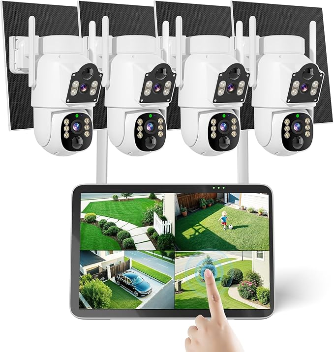 Hiseeu Solar Security Cameras Wireless Outdoor, Auto Tracking Dual-Lens Wireless Cameras for Home Security with 10" Touchscreen, 2.4 & 5GHz WiFi Pro 4 Cam-Kit, 2 Way Audio, 500GB HDD, 0 Monthly Fee