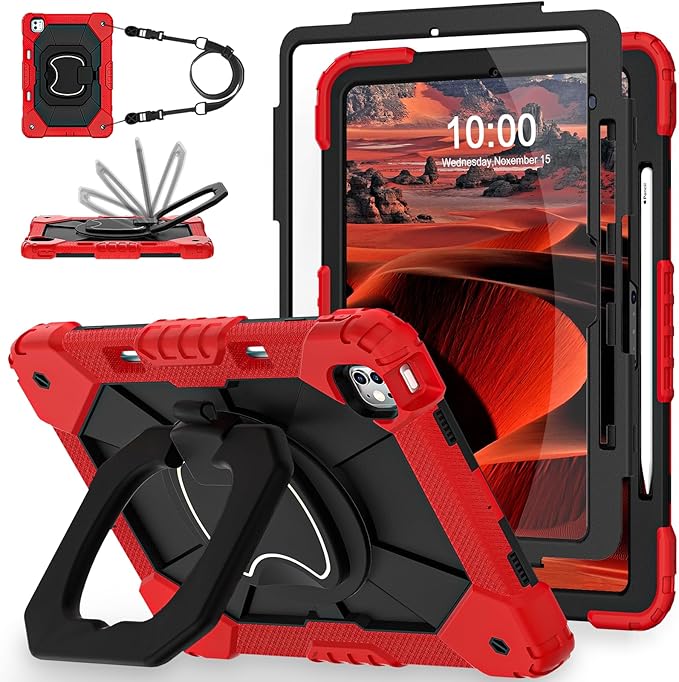 WESOROL for iPad Pro 13 Inch Case M5 2025/M4 (2024 Model,7th Gen) with Screen Protector/360° Rotating Stand/Pencil Holder/Shoulder Strap,Military Grade Shockproof iPad Case 13 Inch Pro M5/M4,Red Black