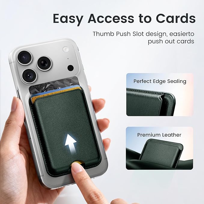 Stronger Magnetic Wallet for iPhone 17/16/15/14/13/12 Series, Slim Leather Magnetic Card Holder with RFID Blocking, N52 Magnet Phone Wallet, Fit 3 Cards, Dark Green