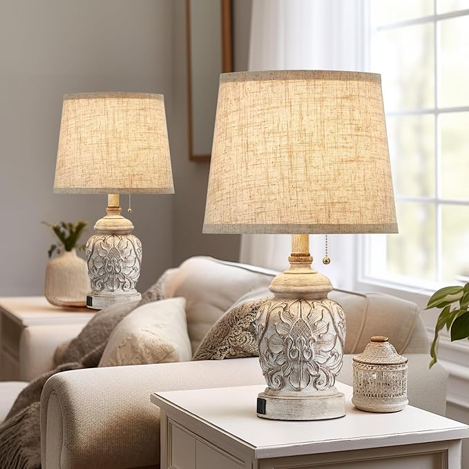 19.5" Vintage Rustic Table Lamp Set of 2 Farmhouse Table Lamps for Living Room Bedroom Decor with USB Ports Traditional Carved Floral White Bedside Night Light Lamps with Pull Chain Switch