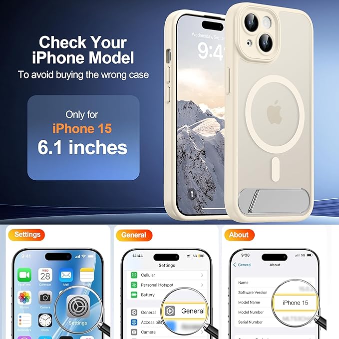 Magnetic Compatible with iPhone 15 Case, [Built-in Invisible Kickstand][Compatible with MagSafe][Full Camera Protection] Translucent Matte Phone Case for iPhone 15 6.1" Beige