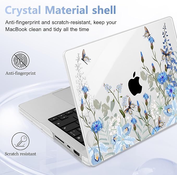 May Chen for 2026 MacBook Pro 14-inch M5 M4 M3 M2 M1 Pro/Max Chip, Release 2026 2025-2021, Model A3427 A3426 A3434 A3112 A3401 A3185, Plastic Hard Shell with Keyboard Cover, Blue Flowers
