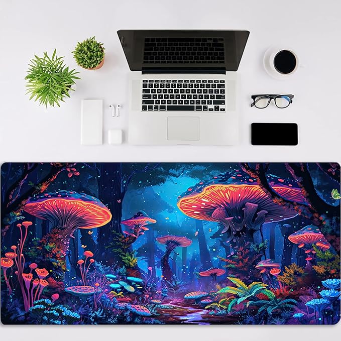 Simpkeely Fantasy Mushroom Mouse Pad, Blacklight Gaming Forest Waterproof Extended Large Desk Pad UV Long Computer Keyboard Big Mouse Mat with 3mm Non-Slip Rubber Base for Office Home - 31.5" x 11.8"