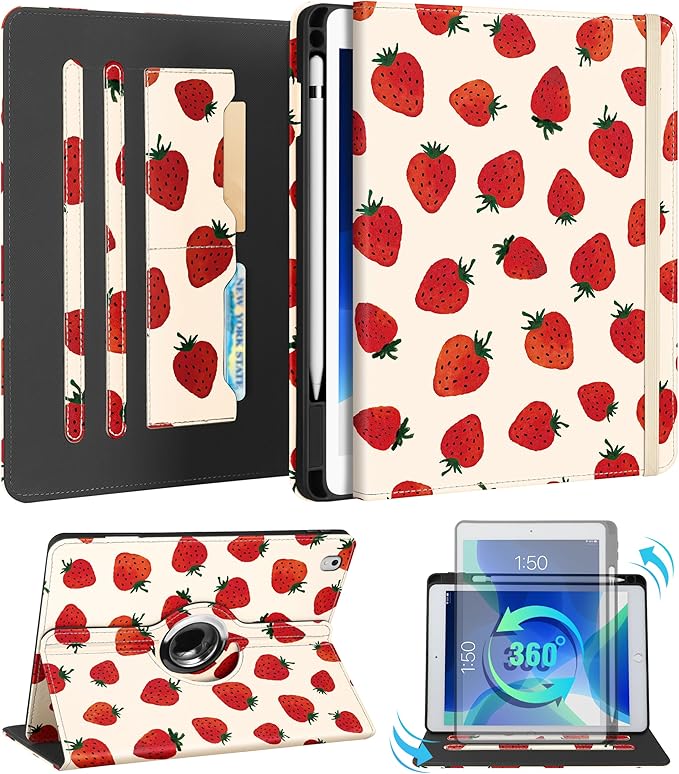 Kidcube for iPad Air 3rd Generation Case/Pro 10.5 Inch Case - Women Girls Kids Cute Rotating Stand Folio Cover with Pencil Holder & Card Slot Pretty Strawberry Design Cover for iPad Pro 10.5''/Air 3rd