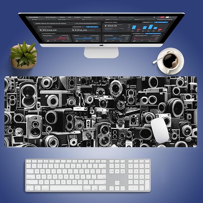 Extra Large Gaming & Office Mouse Pad (31.5" x 11.8") – Retro Camera Collection Montage Design, Premium Anti-Slip XXL Desk Mat with Durable Stitched Edges