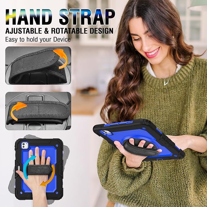 Case for iPad Pro 11 Inch 5th Generation 2024 with Screen Protector | Full-Body Silicone Protective Case W/360 Rotating Stand Hand Strap Shoulder Strap for iPad Model A2836/A2837/A3006 | Blue