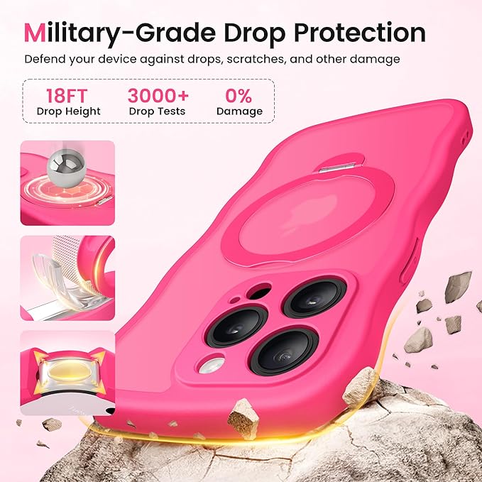 CAPRARO for iPhone 15 Pro Case with 360° Spin Magnetic Stand for Women, [Compatible with MagSafe] [Full Camera Protection] Cute Wave Translucent Matte Case for iPhone 15 Pro, Hot Pink