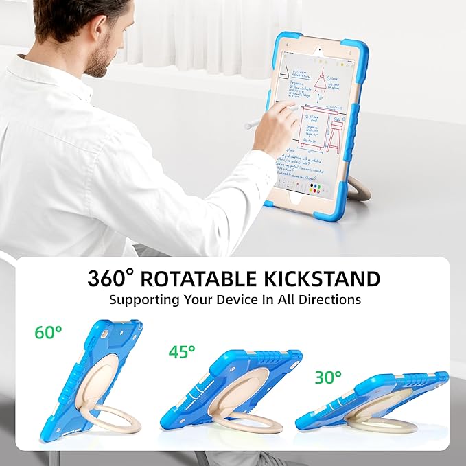 Andnary Case for iPad 9th/8th/7th Generation 10.2 inch, Shockproof Cover with Screen Protector/360° Rotating Handle/Bracket/Pen Holder/Shoulder Strap, Kids Case for iPad 2021/2020/2019 (Blue+White)