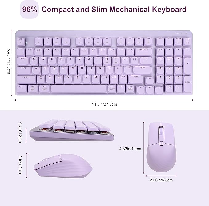 LeadsaiL Wireless Keyboard and Mouse Combo, 2.4Ghz Cordless Mechanical Keyboard and Silent Mouse for Business, Low-Profile Red Switch, 98-Key Compact Slim Keyboard for Windows/MacOS PC Laptop- Purple