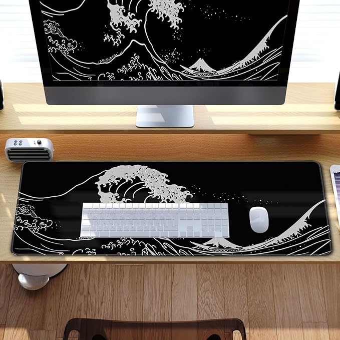 Japanese Sea Wave Gaming Mouse Pad Kanagawa Black Desk Mat Kawaii Mousepad Mouse Pad, Extra Large Deskmat Cut Laptop Mouse Pads Decor