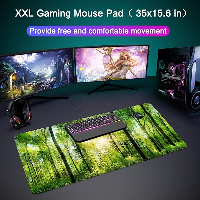 Desk Mat,Large Mouse Pad 35''×15.6'' XXL Extended Gaming Mouse Pad Mat with Non-Slip Base Stitched Eges Mousepad for Computer,Office,Keyboard and Laptop - Green Forest