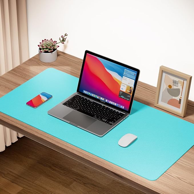 Boutilon Leather Desk Pad Protector,Non-Slip Mouse Pad,Laptop Desk Pad,Office Mouse Mat,Waterproof Leather Desk Blotter,Desk Writing Pad for Office and Home (M-Bright Blue,30"x14")