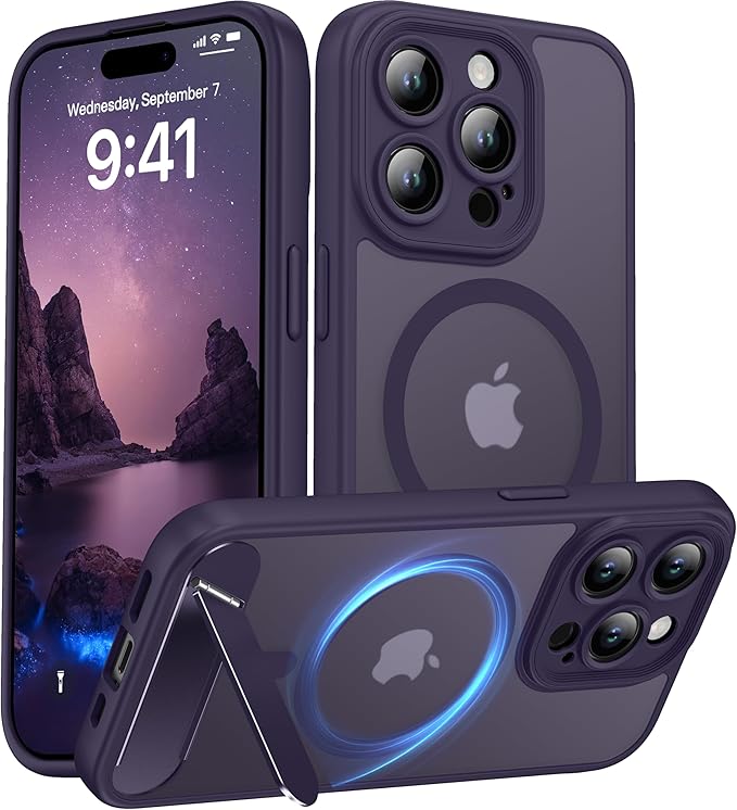 Magnetic for iPhone 15 Pro Case, [Built-in Kickstand][Full Camera Protection][Compatible with MagSafe][Anti-Fingerprint] Shockproof Phone Case for iPhone 15 Pro 6.1",Purple