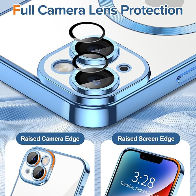 Hython Magnetic Clear for iPhone 14 Plus Case with Camera Lens Protector [Compatible with MagSafe] Luxury Plating Edge Slim Soft TPU Cover Protective Phone Case for iPhone 14 Plus 6.7", Light Blue