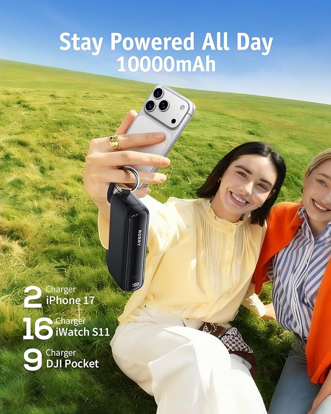 RORRY Flow Portable Charger, 10000mAh 40W Fast Charging Power Bank with Built-in USB C Cable and Foldable Wall Plug, Battery Pack Travel Essentials for iPhone 17/16/15, Apple Watch, iPad, MacBook