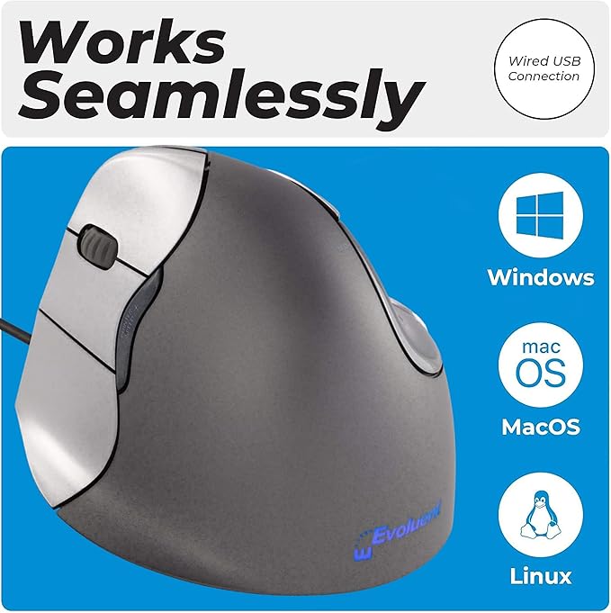 Evoluent – Inventor of The Vertical Mouse – VM4L Ergonomic Vertical Mouse Left Hand Wired USB, Sculpted for Comfort, Reduces Wrist Strain, 4 Speeds, 6 Customizable Buttons in Windows